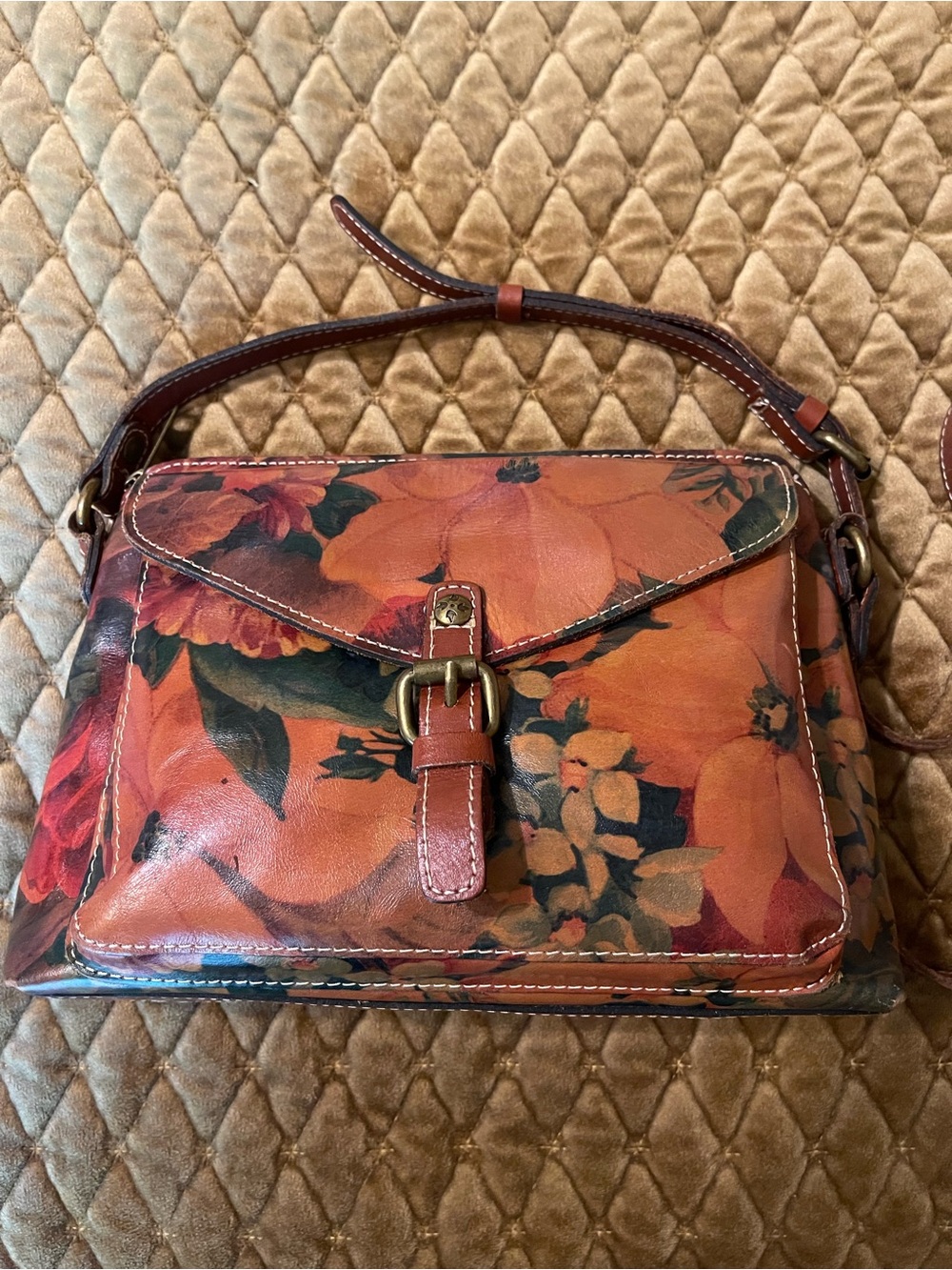 Patricia Nash Burnt Orange Floral Leather Crossbody with Buckle Detail - Picture 11 of 11